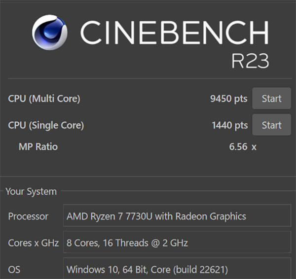 AMD Ryzen 7 7730U CPUのスコア。
上記前世代インテル Core i7-1260P プロセッサーと比較すると高いスコアが記録されています。
